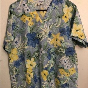 Dilly‎ Scrub Top Women’s Size XL Made IN U.S.A V-Neck Pullover Blue Yellow